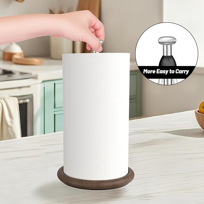 VEHHE Wooden Paper Towel Holder Countertop with Weighted Base, One-Handed Tear Paper Towel Holder Stand with Damping Function and EVA Non-Slip Pad, for Kitchen Bathroom Farmhouse