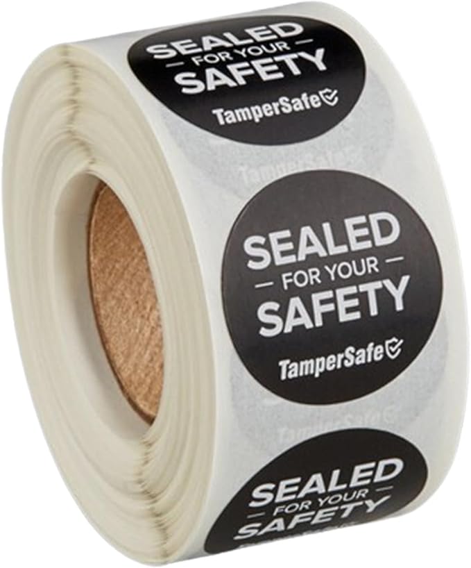 Angel's Peel Lounge Tamper Proof Stickers Roll — Tamper Evident Stickers for Food Safety, Delivery Bags, Drink Lids, Containers, Adhesive Seal Tape, Writable Surface - 1x3in 250-COUNTS, Black, Round