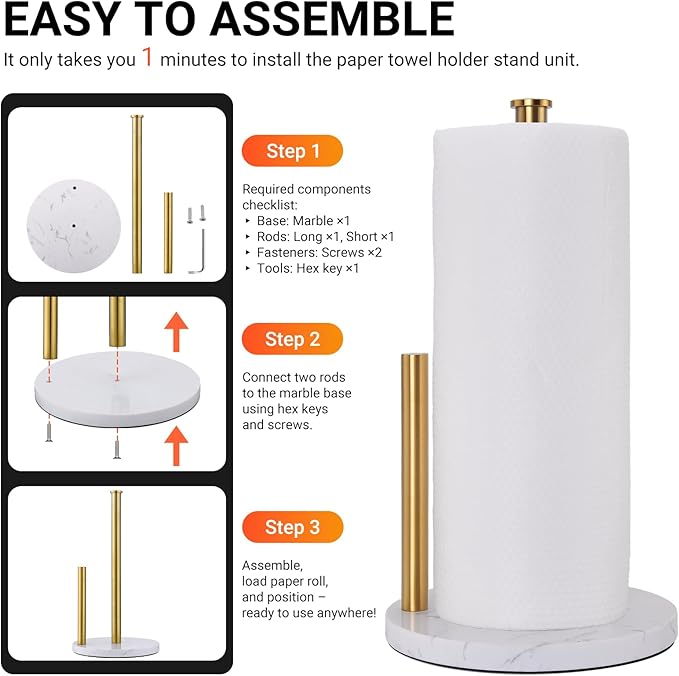 Hoooh Freestanding Paper Towel Holder for Kitchen Countertop - Non-Slip Marble Base, Brushed Gold Stainless Steel, Fits Standard & Jumbo Rolls