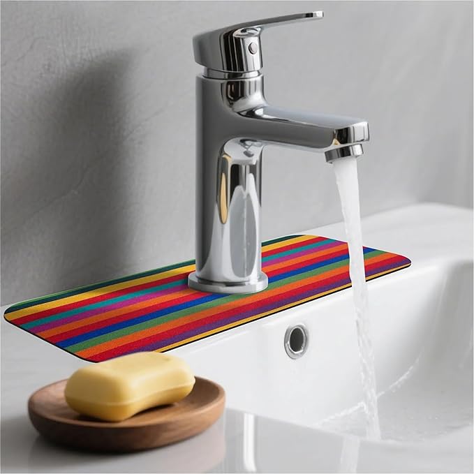 Kitchen Sink Splash Guard，Rainbow stripes Faucet Mat Sink Gadgets-Super Absorbent Fast Drying Mat Drip Catcher for Kitchen, Bathroom,Sink Mat, Dish Drying Mat, Bathroom(15" X 5.5" )