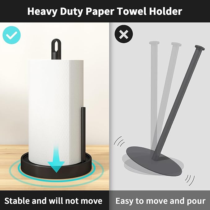 Paper Towel Holder Countertop, Black Paper Towel Stand with Portable Design and Weighted Base, Stainless Steel Heavry Duty Paper Towel Roll Holder for Kitchen Bathroom