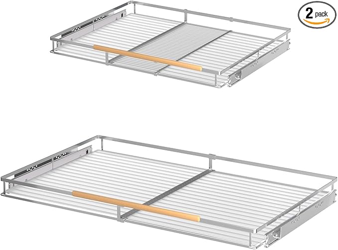 SOFRON Expandable Pull Out Drawer Cabinet Organizers, Heavy Duty Slide Out Storage Shelf for Home Kitchen Pantry Cupboard Pots Pans, Adjustable Width from 23.2"~39.9", Stainless Steel 2 Pack