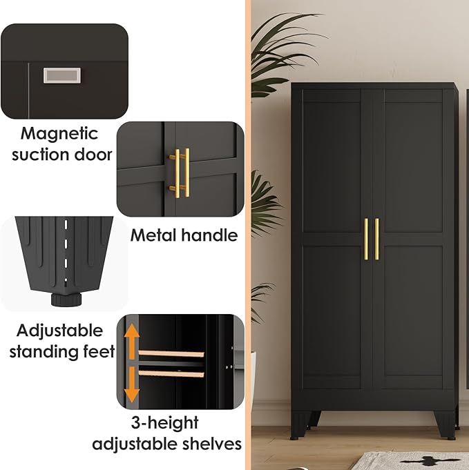PAOFIN 47" Kitchen Pantry Cabinet, Metal Storage Cabinet with 3 Adjustable Layer Shelves, 8 Door Shelves, Buffet Sideboard for Living Room, Kitchen, Black