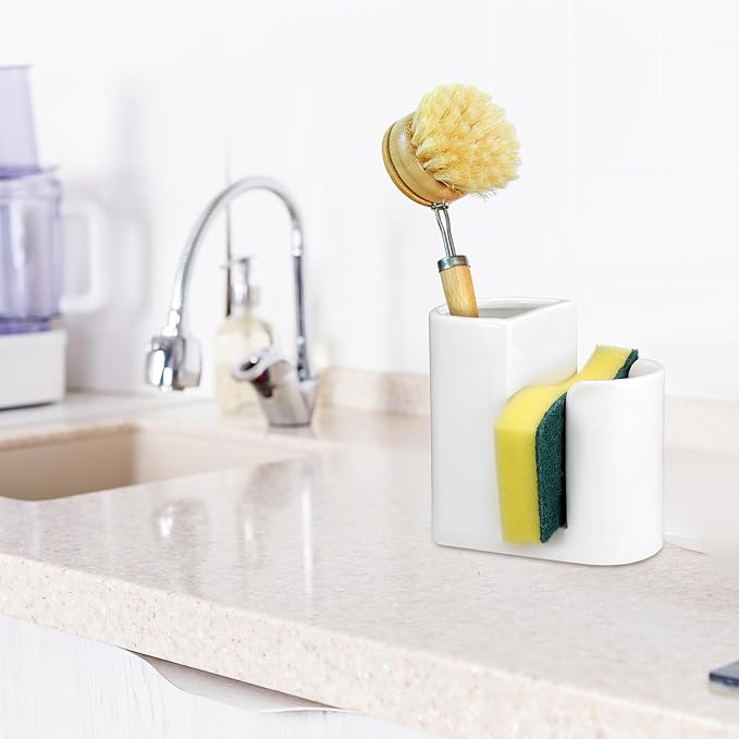 Geelin 2 in 1 Ceramic Kitchen Sink Caddy Dish Sponge Holder and Scrub Brush Holder for Kitchen Organizer Rustic Farmhouse Supplies