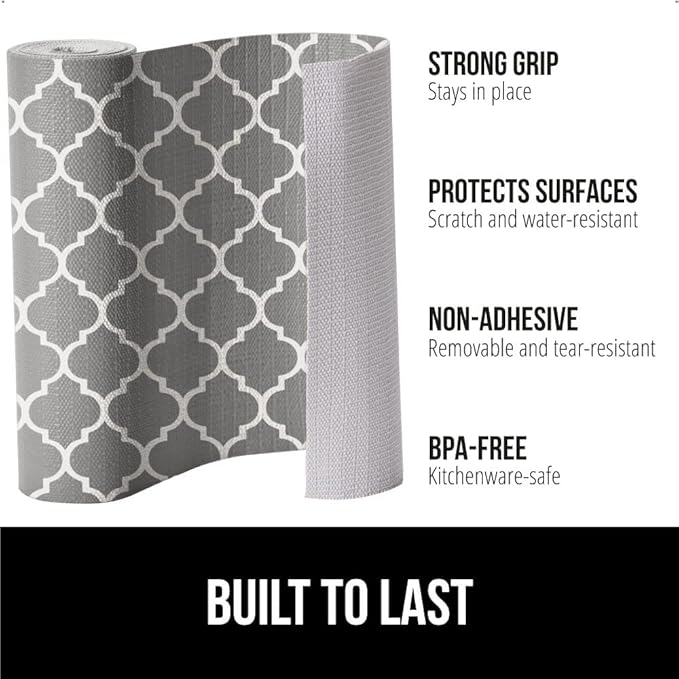 GORILLA GRIP DripGuard Shelf Liner, Non Adhesive Drawer and Kitchen Cabinet Protector, Slip Resistant BPA Free Smooth Surface Plastic Liners for Cabinets, Bathrooms, Closets, 12x120 Inch, White Gray
