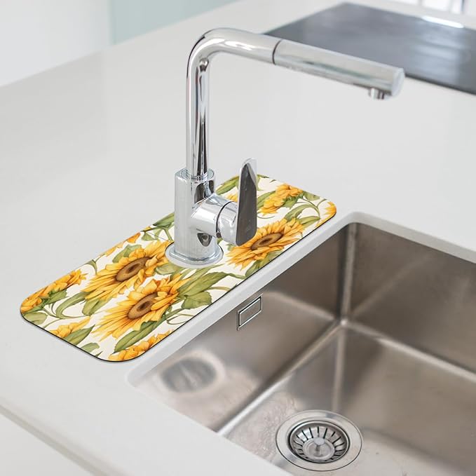 Sunflower Field Kitchen Faucet Mat Splash Guard, 15.4”x5.7” Absorbent Quick Drying Sink Mat for Countertop Protection, Draining Mat Sink Protectors For Kitchen Bathroom, 2 Pack