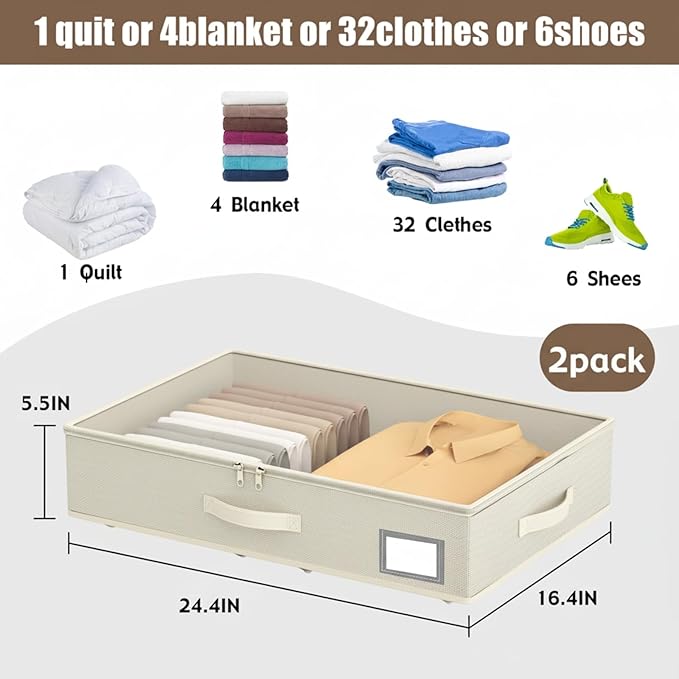 Under Bed Storage with Wheels, No Assemble Required 5.5 inches height beige under bed storage bins,Low Profile Rolling Underbed Shoe Storage containers，dorm underbed storage drawers