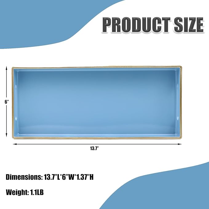 Leemxiiny Blue Bathroom Vanity Tray for Countertop, Small Plastic Toilet Tank Versatile Storage & Organization Tray for Makeup, Perfume, Desk, Kitchen, Candles, 13.7"x6"x1.4", 35BL