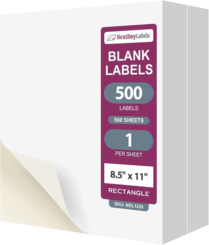 NextDayLabels 8.5x11 Full Sheet Stickers White Blank Labels for Laser Inkjet Printer - 1 Per Page Self-Adhesive Shipping Product Packaging Made in USA - 500 Labels