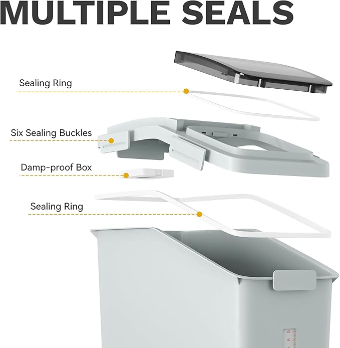 DWVO Large Ingredient Storage Bins, 11.4-Gallon Flour Rice Food storage Containers Bins with Wheels, Scoop and Airtight Lid for Dry Food, Flour, Cereal Grain, Sugar, Gray