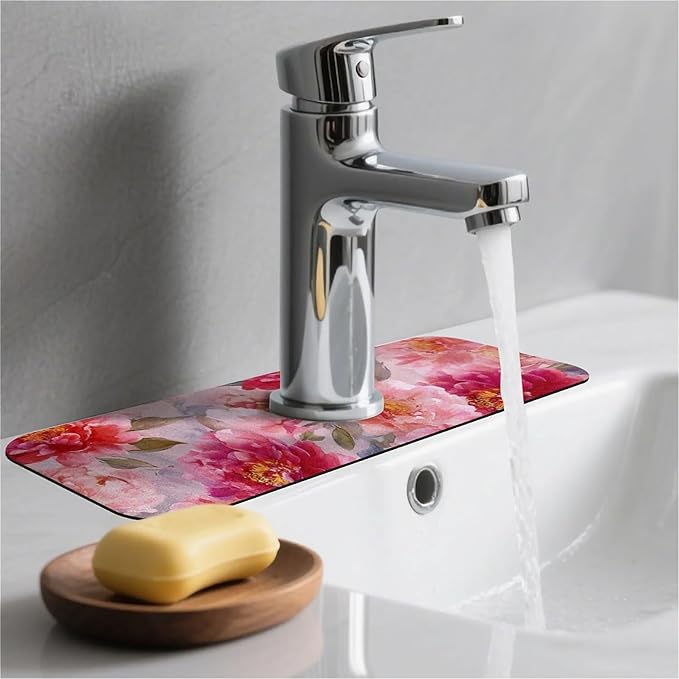 Kitchen Sink Splash Guard，vibrant watercolor peonies Faucet Mat Sink Gadgets-Super Absorbent Fast Drying Mat Drip Catcher for Kitchen, Bathroom,Sink Mat, Dish Drying Mat, Bathroom(15" X 5.5" )