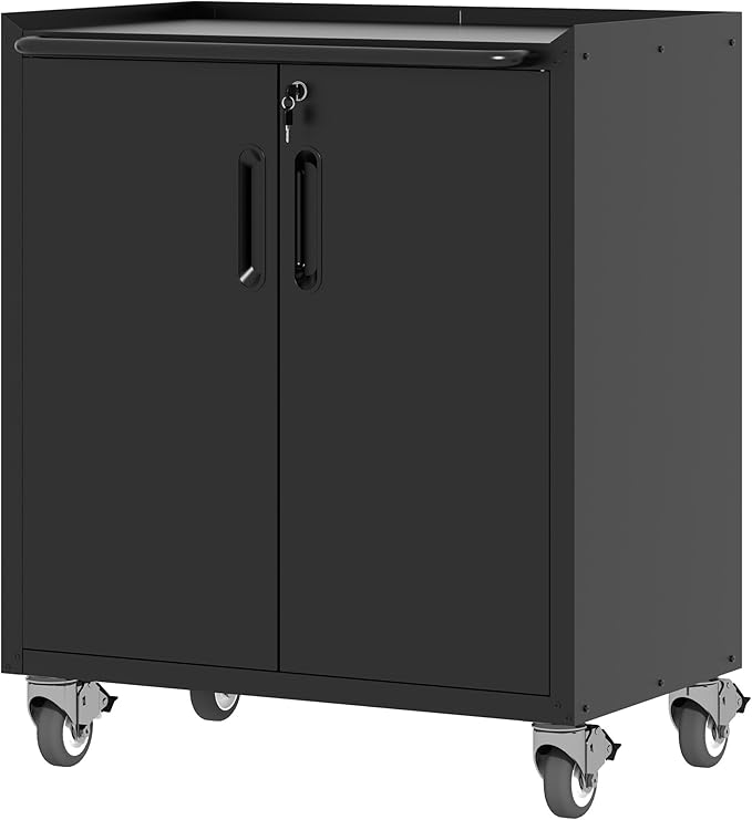 BIZOEIRON Metal Storage Cabinet with Wheels, Lockable Garage Storage Cabinet with Doors and Shelves, Rolling Tool Cabinet, Assembly Required, Black