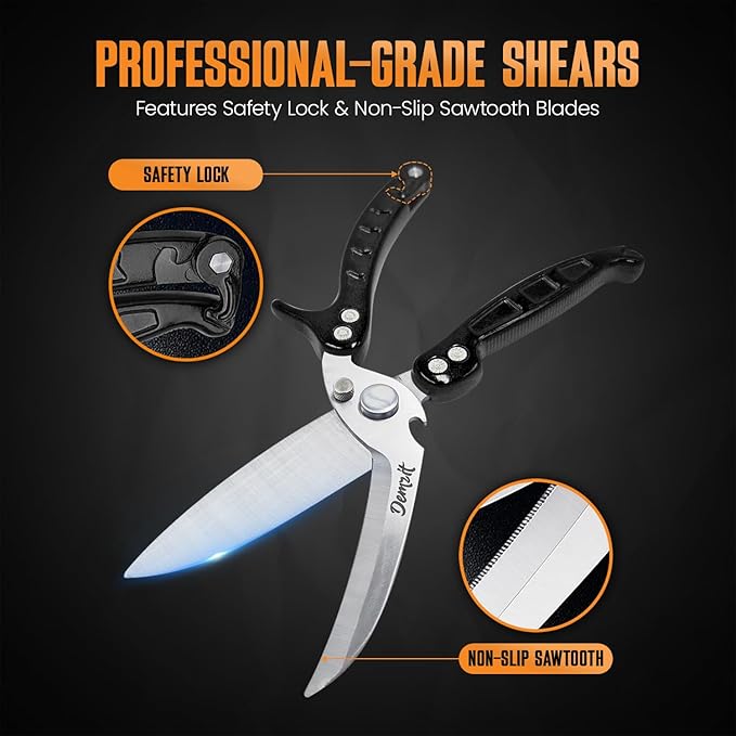 Poultry Shears Heavy Duty Professional, Kitchen Shears for Poultry,Turkey, Chicken & Bone Cutting, Multi-purpose kitchen Scissors Spring-Loaded, Dishwasher Safe, Meat Shear with Non-Slip Handle, Black
