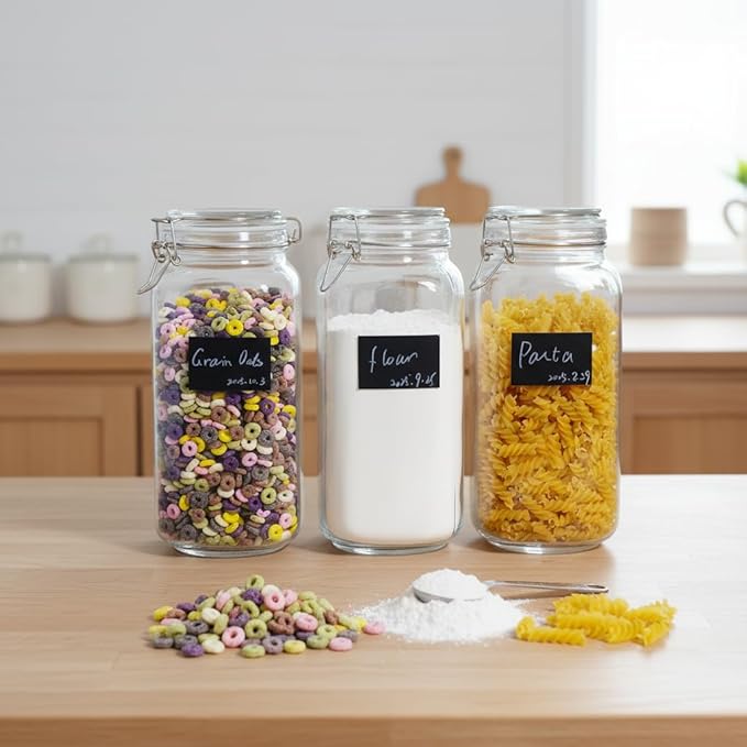 Large Glass Jars with Airtight Clamp Lid 78 OZ, 3 Pack Food Storage Jars Set – Thick Glass Canisters with Silicone Seal, Labels & Marker for Flour, Sugar, Coffee, Pasta, Pantry Organization