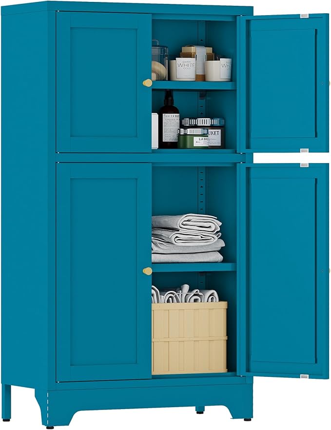 YAUWOH Blue Bathroom Floor Cabinet, Metal Storage Cabinet with 2 Adjustable Shelves & 4 Doors,Freestanding Sideboard for Dining Room,Living Room, Home Office