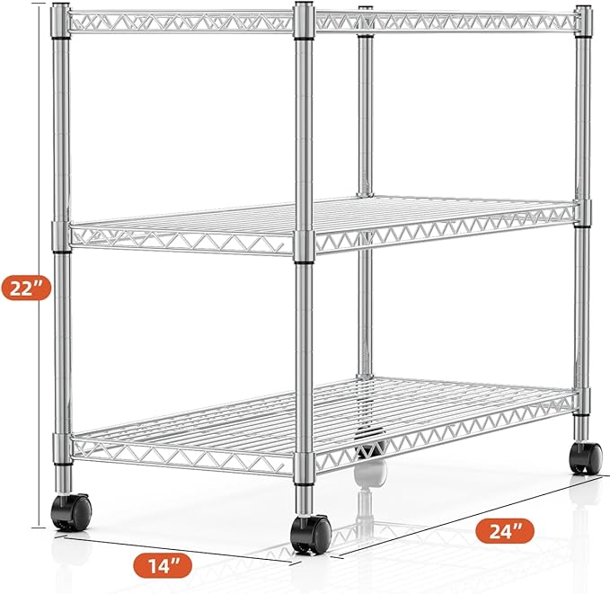 YSSOA Heavy Duty 3-Tier Storage Shelves 750Lb Capacity, 24.02" D x 13.78" W x 21.97" H Shelving Unit for Pantry, Garage, Laundry and Kitchen, Chrome