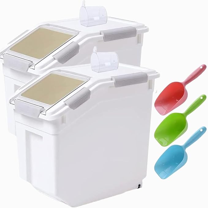 Saim Rice Container 25 lbs, Large Airtight Flour Storage Container with Wheels Measuring Cup, 2 Pack a Set BPA free Food Bin Grain Organizer Box for Dry Baking Supplies Kitchen Pantry Cereal (Gray)
