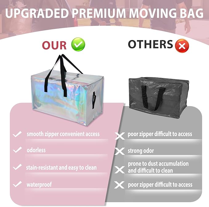 6 Pack Moving Bags Heavy Duty, Extra Large Moving Bags, Moving Supplies, Storage Bags with Handles and Zippers, Waterproof Totes for Storage Saving Packaging Shipping and Travel(Laser Silver)