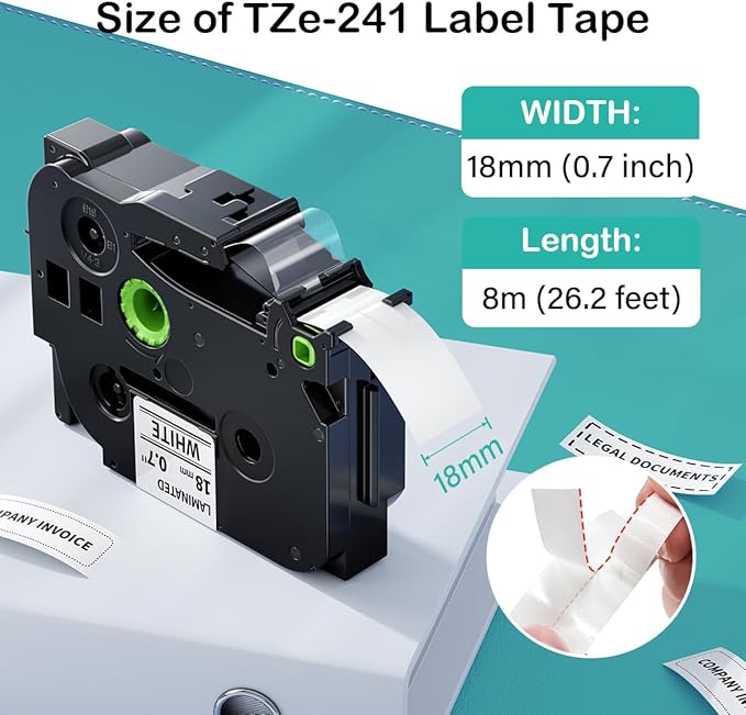 Labelife 8-Pack TZe-241 TZe TZ Tape 18mm 0.7 Laminated White Compatible with Brother P Touch Label Maker Tape 18mm .7 TZe241 for Brother PT-D400 PT-D410 PT-PT-D600 D610BT PTD460BT, 3/4 Inch