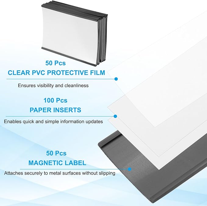 PATIKIL Magnetic Label Holder 4" x 3" with Paper Inserts, 50 Pcs C Channel Magnetic File Cabinet Labels Shelf Data Card Holder Signs for Metal Racks Shelves Whiteboard Tool Box