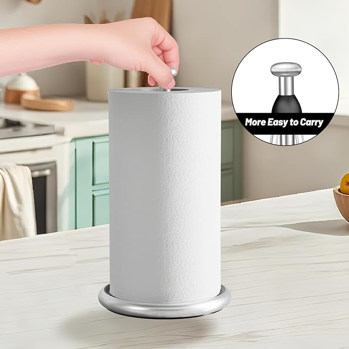 VEHHE Simply Tear Paper Towel Holder Countertop with EVA Non-Slip Pad, Damping Function Paper Towel Stand with Weighted Base for Bathroom and Kitchen (Silver)