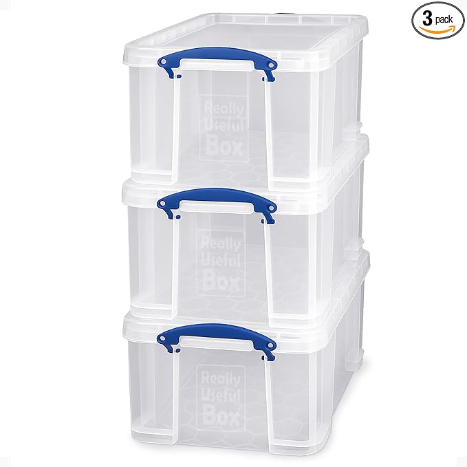 Really Useful Box 3-Pack Clear Plastic Storage Bins with Lids & Clip Handles, 32 Liters - Stackable, Portable and Transparent Organizer Containers for Home, Garage and Office