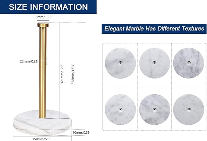 NearMoon Standing Paper Towel Holder, Kitchen Paper Towel Tissue Holder- for Bathroom Kitchen Countertop, Standard or Jumbo-Sized Roll Paper (with Marble Base, Brushed Gold)