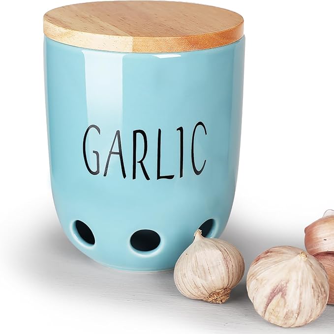 Ceramic Garlic Keeper for Counter, Garlic Saver Container with Wood Lid, Garlic Keeper for Kitchen, Garlic Holder to Keep Your Garlic Cloves Fresh Longer (Turquoise)
