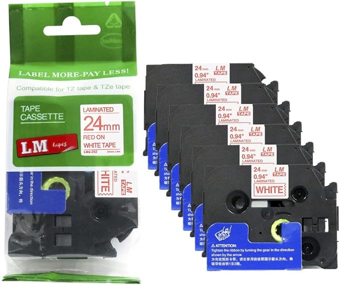 6/Pack LM Tapes - LMe-252 Premium 1" Red Print on White Label Compatible with Brother TZe-252 P-Touch and Includes Tape Color/Size Guide. Replaces TZ252 24mm 0.94 Laminated