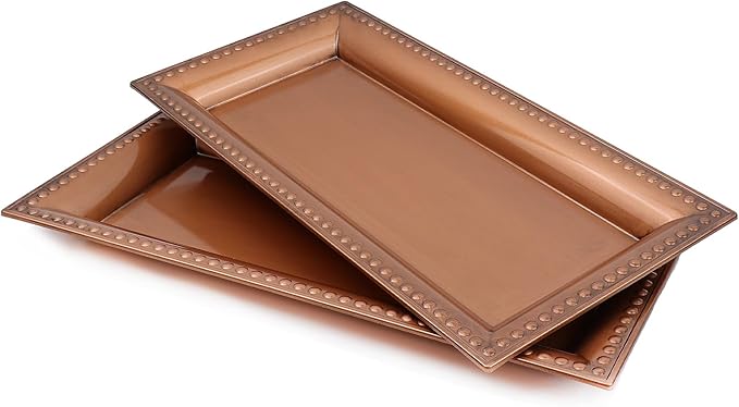 Leemxiiny 2 Pack Bronze Bathroom Vanity Tray for Countertop with Beads, Small Plastic Toilet Tank Versatile Storage Organization Tray for Makeup, Perfume, Desk, Kitchen, Candles, 14"x7"x1", 36GT