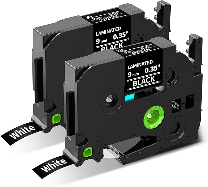 9mm Label Maker Tape White on Black Replacement for Brother P Touch TZe TZ Label Tape 9mm 0.35" Laminated, Compatible with PT-D210 PT-D220 PT-H110 PT-D410 PT-D610BT, 3/8 in x 26.2 ft, 2-Pack