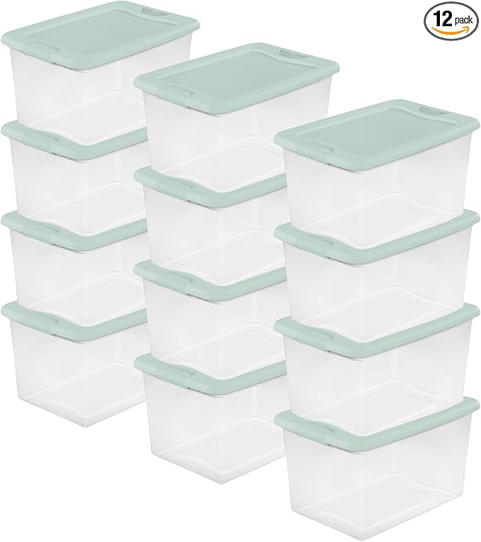 Sterilite 12 Pack Latching Box, Clear Plastic Stackable Storage Bin with Lid, 64 Quart, Mindful Mint