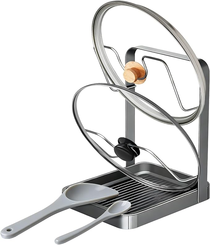 2 Tier Pot Lid Holder Rack for Kitchen Storage, Multifunctional Pan Lid Organizer for Countertop, Kitchen Spoon Rest with Lid Holder Rack for StoveTop（Silver