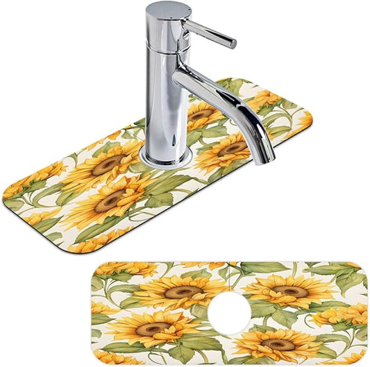 Sunflower Field Kitchen Faucet Mat Splash Guard, 15.4”x5.7” Absorbent Quick Drying Sink Mat for Countertop Protection, Draining Mat Sink Protectors For Kitchen Bathroom, 2 Pack