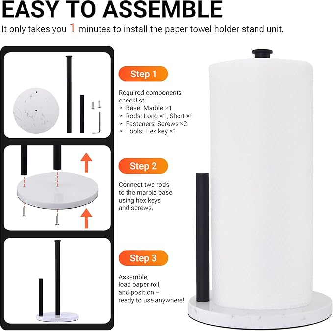 Hoooh Matte Black Paper Towel Holder Countertop with Non-Slip Marble Base - Rust-Resistant Stainless Steel, Freestanding for Kitchen Organization
