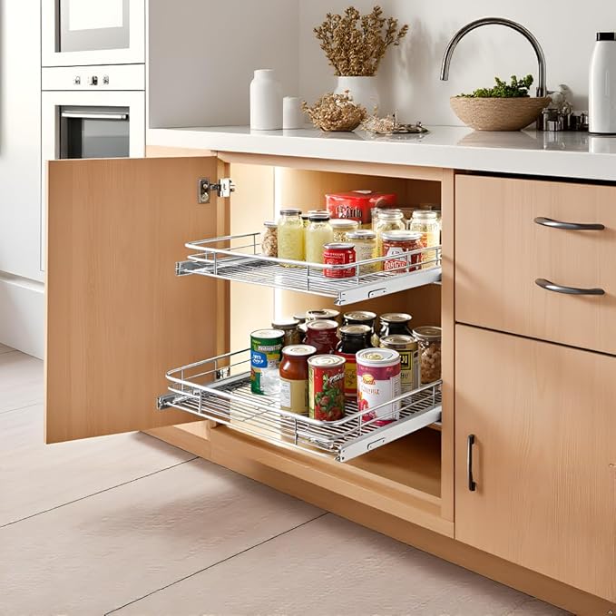 Cabinet Pull Out Shelves (14" W x 21" D), Heavy-Duty Pull Out Shelves for Kitchen Cabinets, Chrome-Plated Steel Slide Out Shelf
