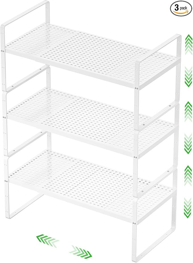 SOFRON Expandable Cabinet Storage Shelf Stackable Organizer Rack for Kitchen Bathroom Pantry Spice Cupboard Coffee Countertop Home Office Desk Heavy Duty Nonslip White Small 3 Packs