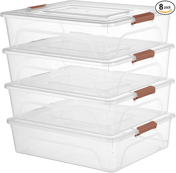 novelinks Clear Stackable Storage Bins with lid Storage Boxes Durable Plastic Organizer Containers for Home Office, Kitchen, Craft Supplies (10 Quart 4 Pack Brown)
