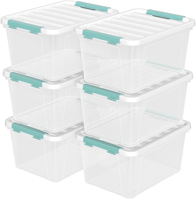 Begale 6-Pack 20 L Plastic Storage Bins with White Lids, Clear Storage Box with Handle
