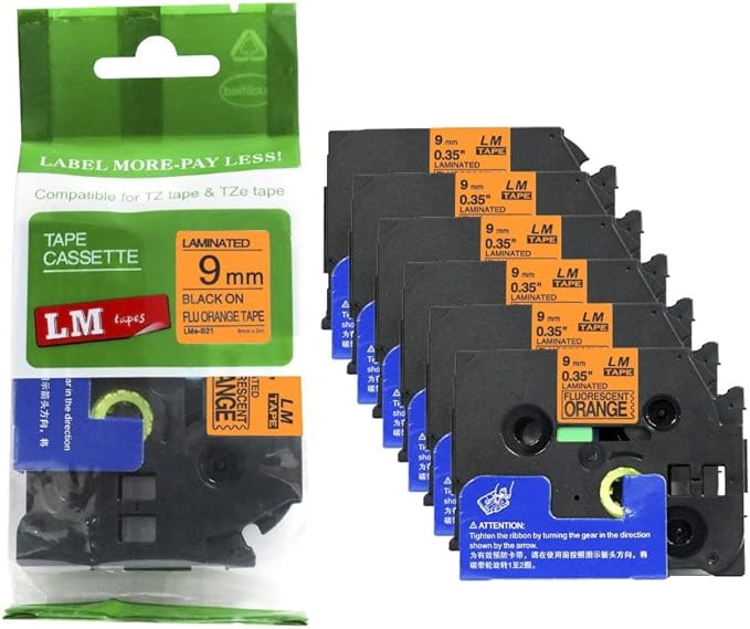 6/Pack LM Tapes - LMe-B21 Premium 3/8" Black Print on Bright Orange Label Compatible with Brother TZeB21 Tape and Includes Tape Color/Size Guide. Replaces TZ-B21 9mm 0.35 Laminated.