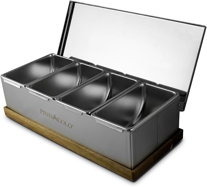 Pinnacolo 4 Slot Condiment Carrier, Stainless Steel Holders, Silicone Lids, and Gel Packs - Portable and Versatile for Outdoor BBQs and Parties
