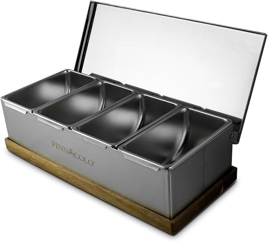 Pinnacolo 4 Slot Condiment Carrier, Stainless Steel Holders, Silicone Lids, and Gel Packs - Portable and Versatile for Outdoor BBQs and Parties
