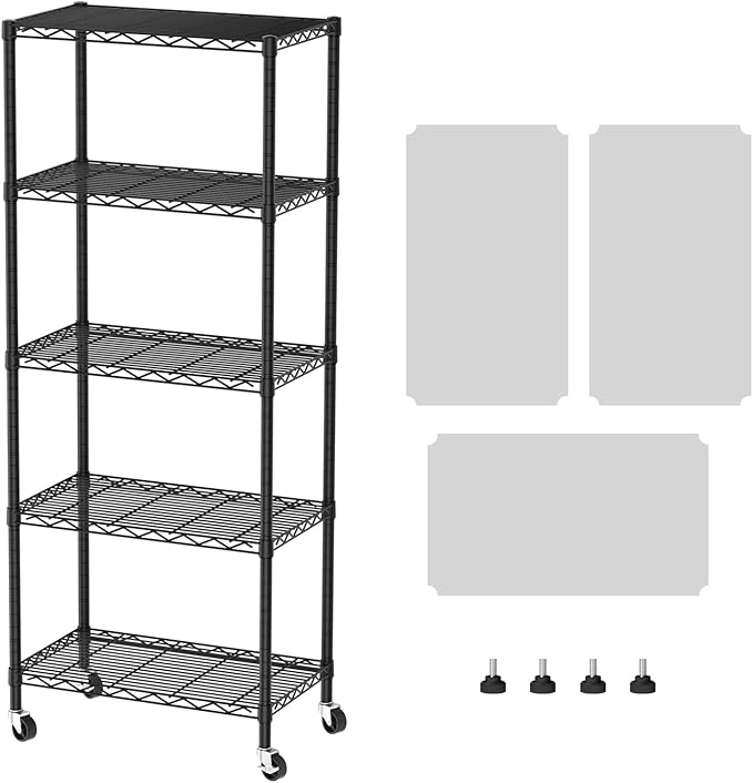 SINGAYE 5 Shelf Storage Wire Shelves Closet Bathroom Organizers Metal Pantry Kitchen Garage Shelving Unit Laundry Room Organization Home Narrow Rack Net Basket with Wheels White