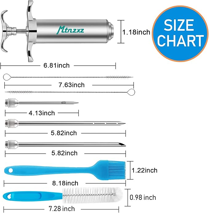 Marinade Injector Syringe Kit & Brush Set, Stainless Steel Meat Injector with 3 Professional Needles, 2-oz Large Capacity, Creates Tender Meat & Poultry Flavor, for BBQ Grill Smoker & Turkey & Brisket