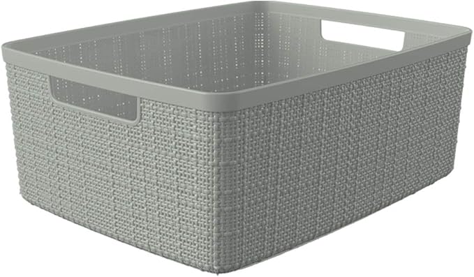 Curver Set of 6 Medium 12L Jute Decorative Plastic Organization and Storage Baskets - Perfect Bins for Home Office, Closet Shelves, Kitchen Pantry and All Bedroom Essentials, Grey
