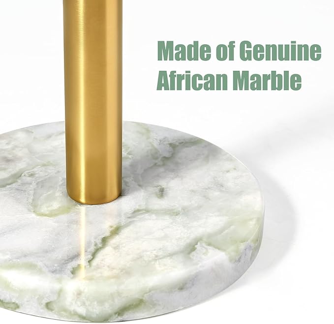 Koville Genuine Marble Paper Towel Holder Countertop, 6" Stone Base Gold Rod Paper Towel Holder Stand for Kitchen Storage, for Standard or Jumbo-Sized Rolls