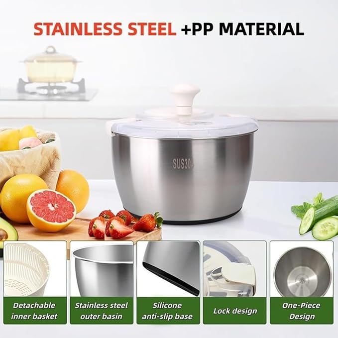 6L Stainless Steel Salad Spinner, Salad Spinner Large,Lettuce Spinner, Quick Spin for Drying Vegetables, Vegetable Dryer, Fruit Washer, Pasta & Fries Produce Strainer A Must-Have for Your Kitchen