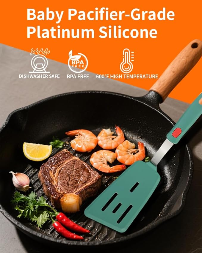Brigii Silicone Spatula Turner Set of 3,Heat Resistant,430 Stainless Steel Core, BPA-Free Kitchen Utensils Set for Cooking,Baking,Flipping,Dishwasher Safe(Dark Green)