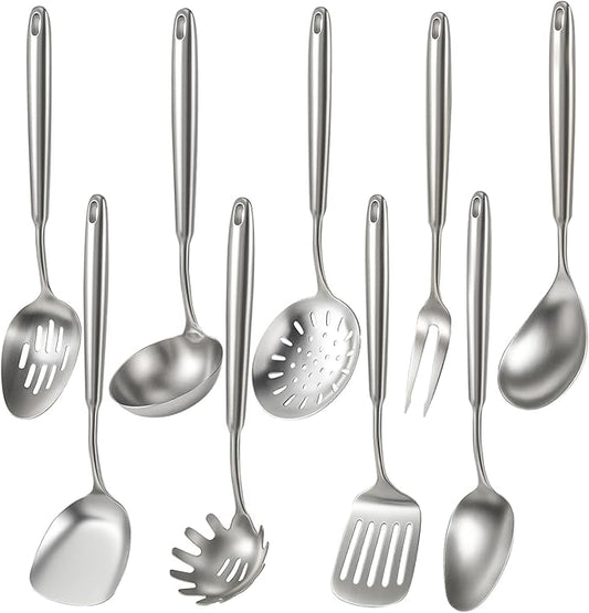 Newness 9 Pcs Cooking Utensils Set, 304 Stainless Steel Kitchen Utensils Set, Metal Kitchen Accessories, Include Soup Ladle, Slotted Skimmer Spoon, Spaghetti Spoon and Spatula, Dishwasher Safe (Short)