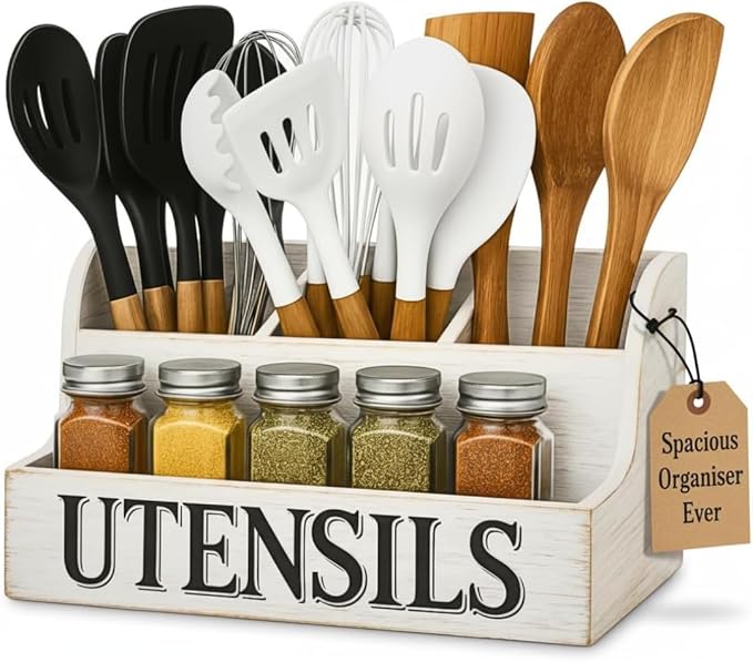 JKS Essentials Large Wooden Kitchen Utensil Holder with 4 Compartments | White Farmhouse Utensil Organizer for Countertop, Rustic Cooking Utensil Caddy, Silverware & Spoon Storage | White Wood Grain